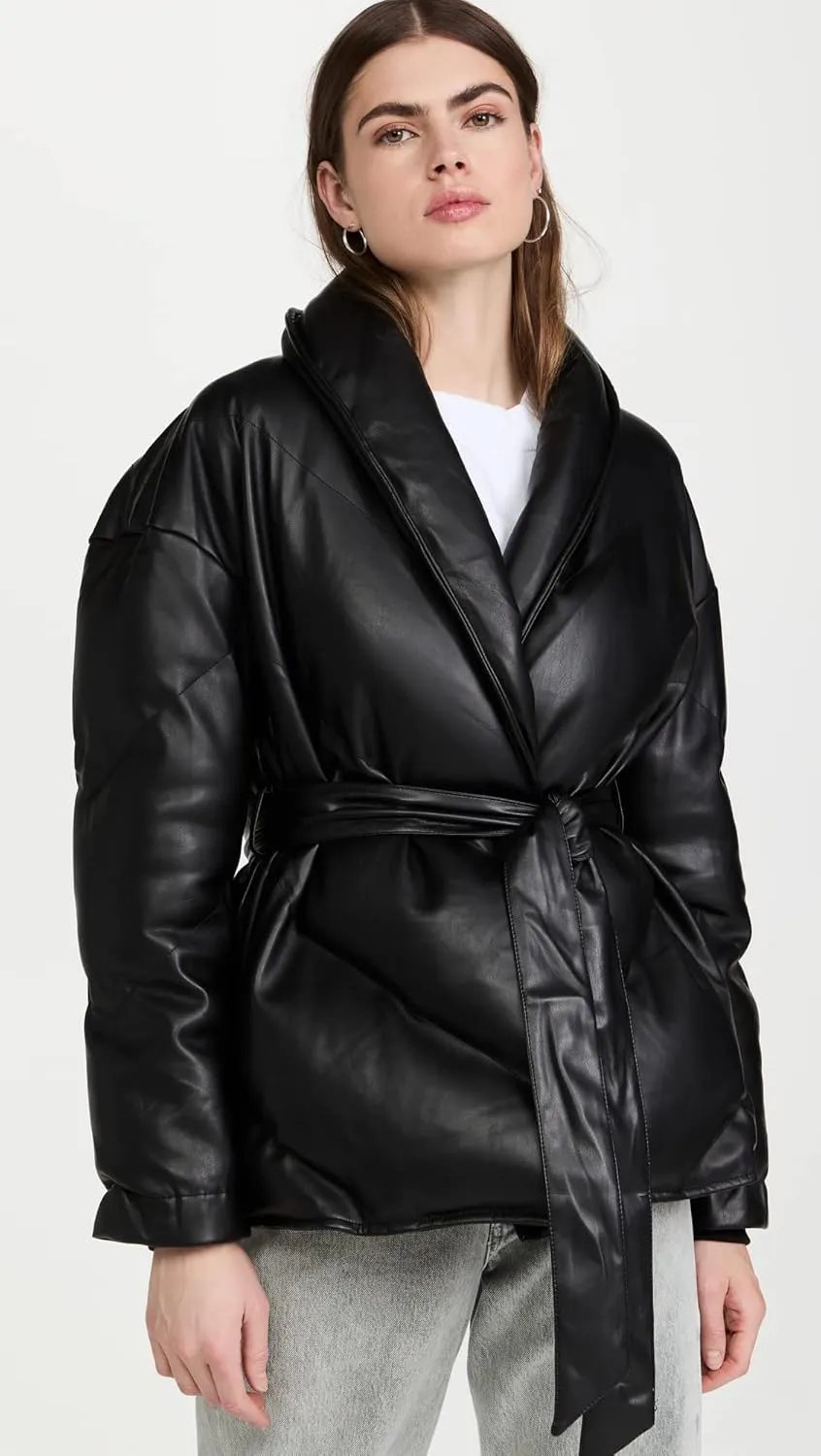 [BLANKNYC] womens Black Vegan Leather Puffer Belted Jacket