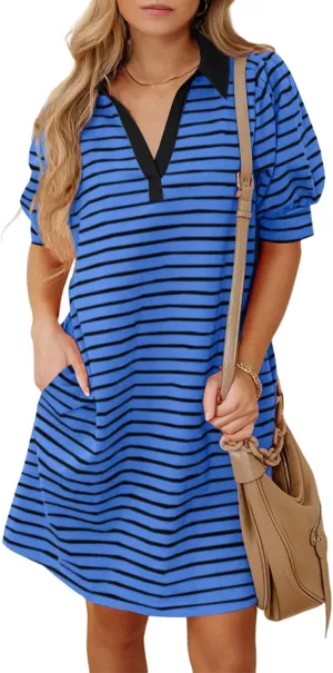 BLENCOT Women's Casual Polo V Neck T Shirt Striped Dress Summer Puff Short Sleeve MIdi Dresses