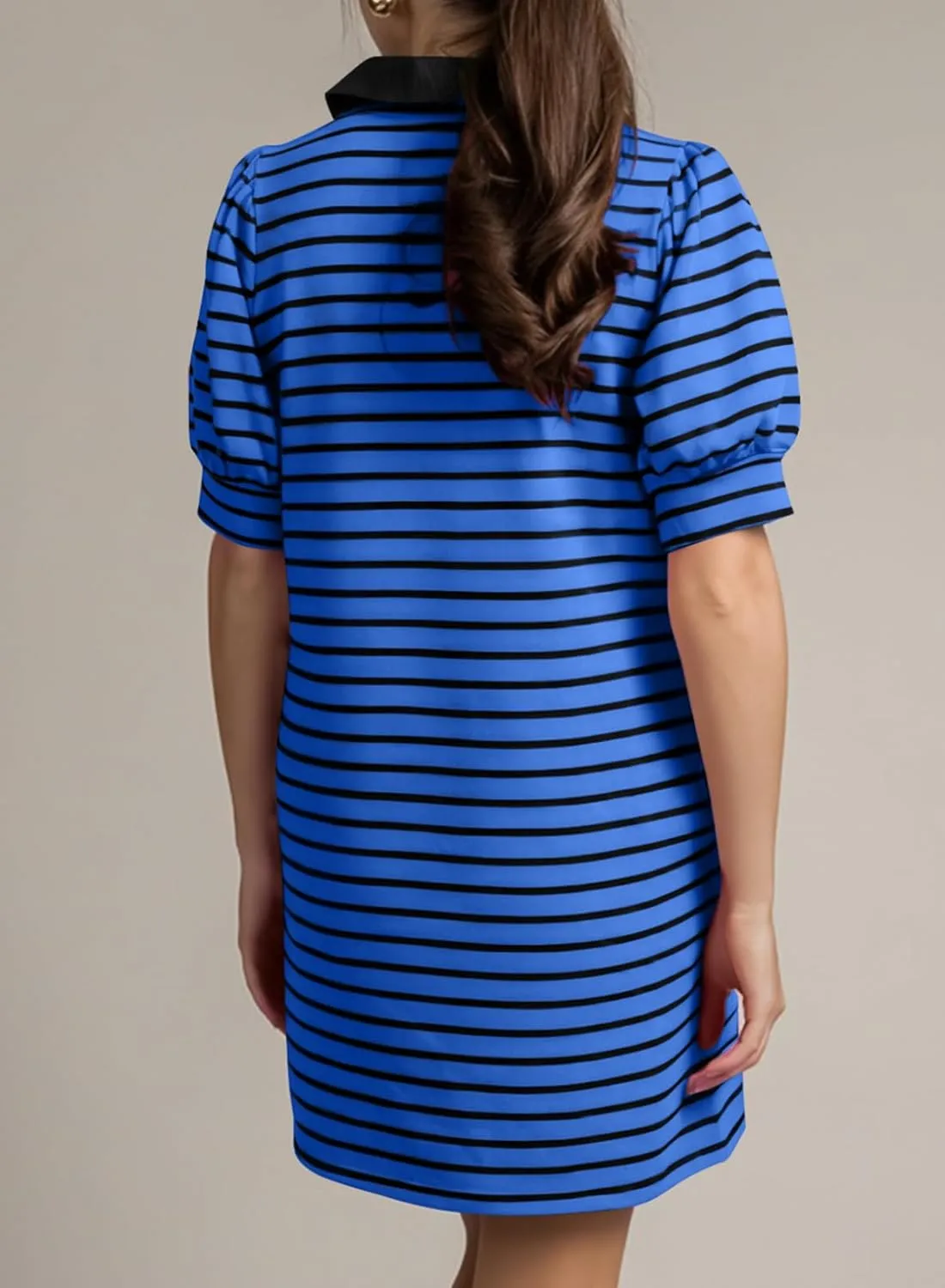 BLENCOT Women's Casual Polo V Neck T Shirt Striped Dress Summer Puff Short Sleeve MIdi Dresses