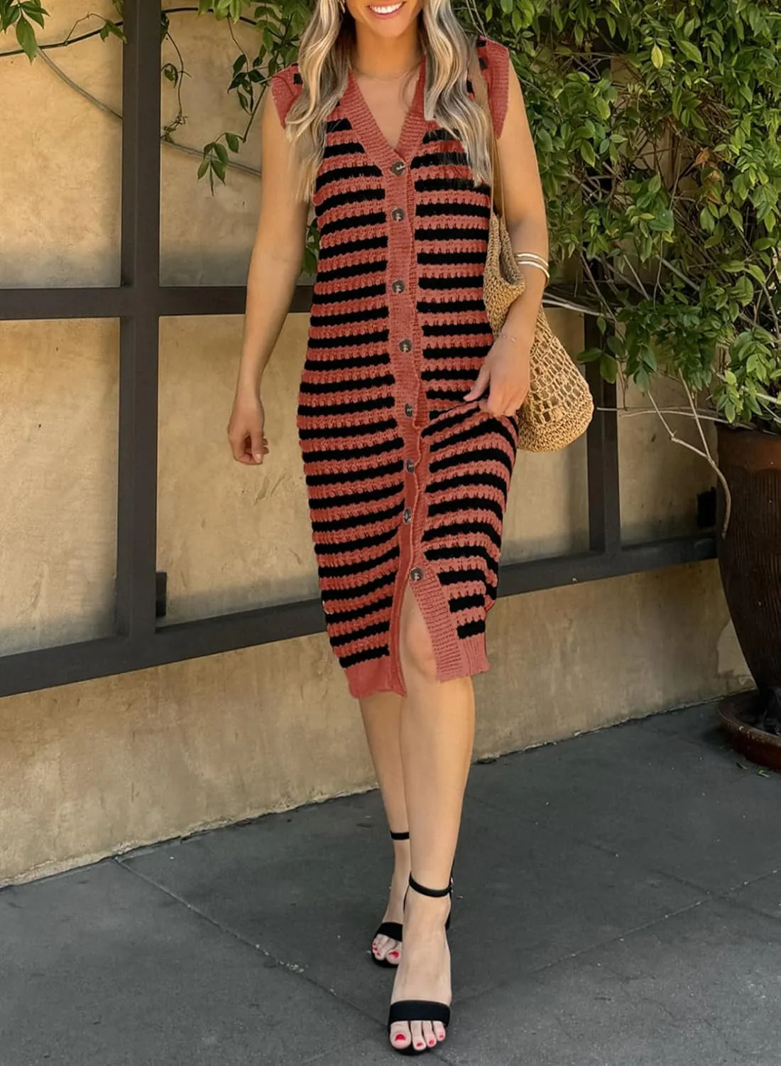 BLENCOT Women's V Neck Striped Summer Tank Dress Causal Sleeveless Button Cardigan Midi Cover Up Dresses