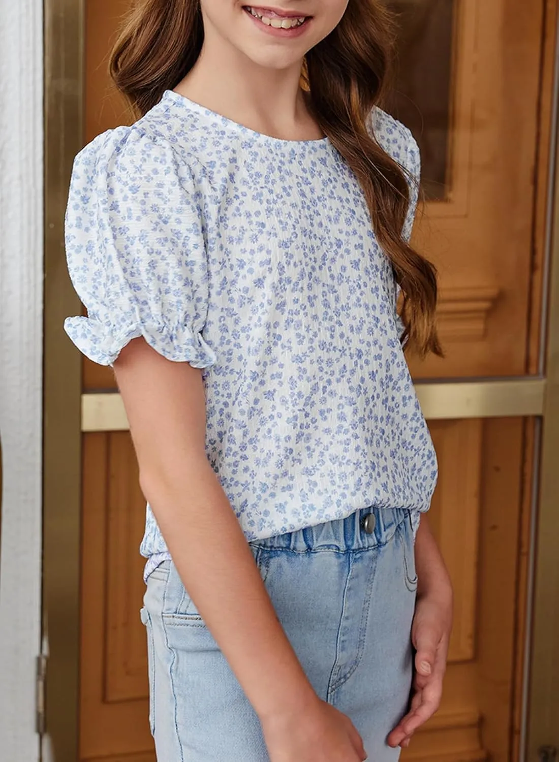 blibean Tween Girls 2024 Boho Floral Puff Sleeve Shirt Size 6-15 Years