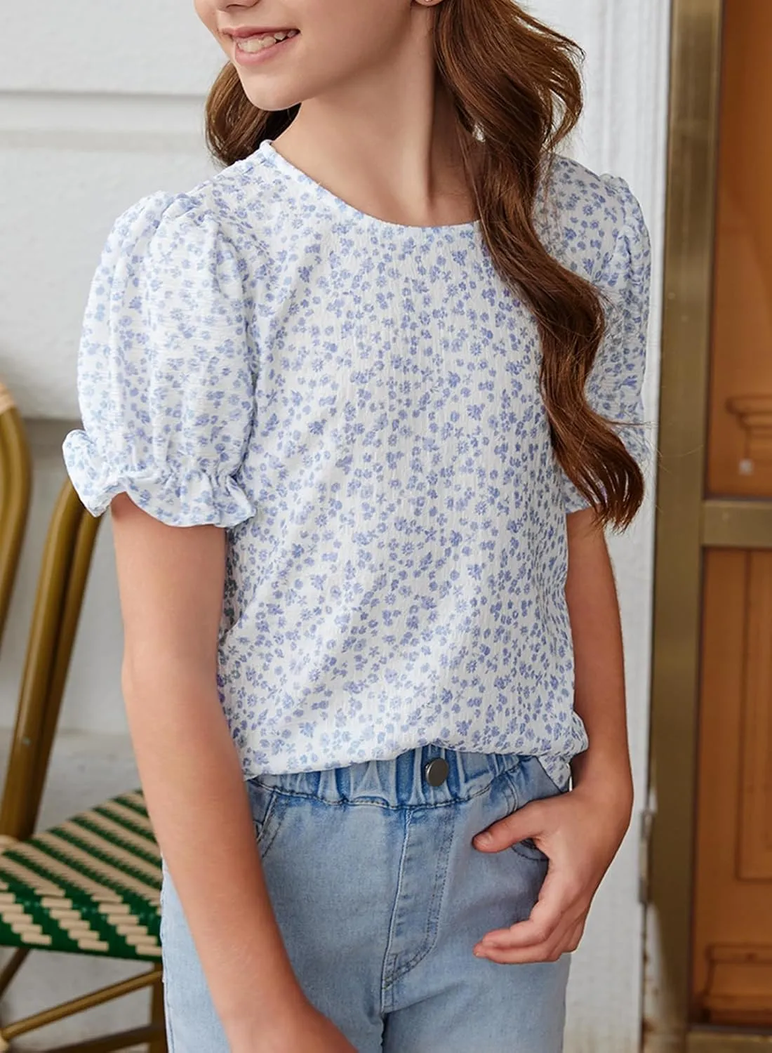 blibean Tween Girls 2024 Boho Floral Puff Sleeve Shirt Size 6-15 Years