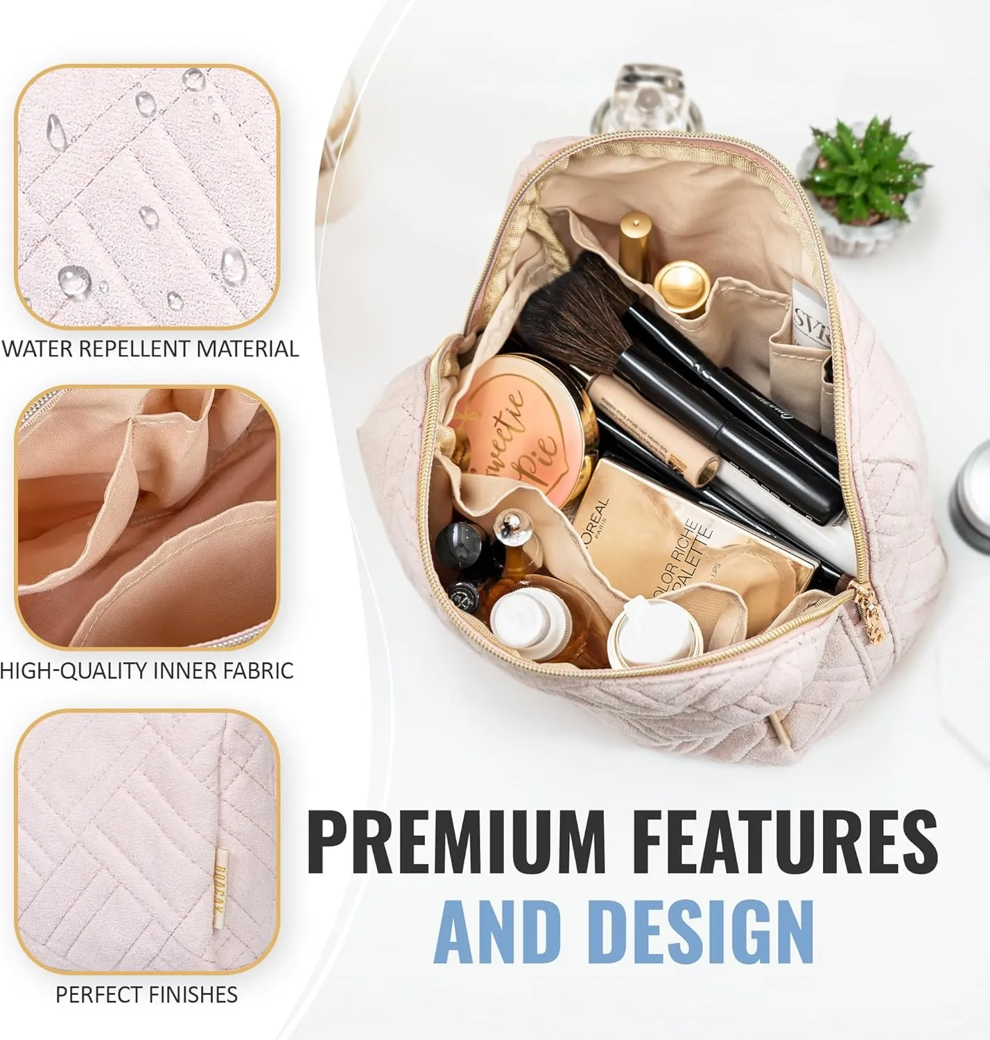 BOACAY Large Makeup Bag, Travel Cosmetic Pouch for Women, Zipper Toiletry Organizer for Purse, Kit Case for Accessories, Brushes
