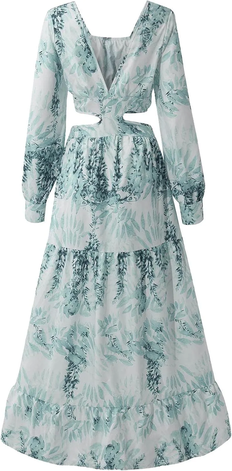 Boho Dresses for Women 2025 Summer Floral V-Neck Sleeves Puff Sleeve Maxi Dresses Flowy Beach Vacation Hawaiian Dress