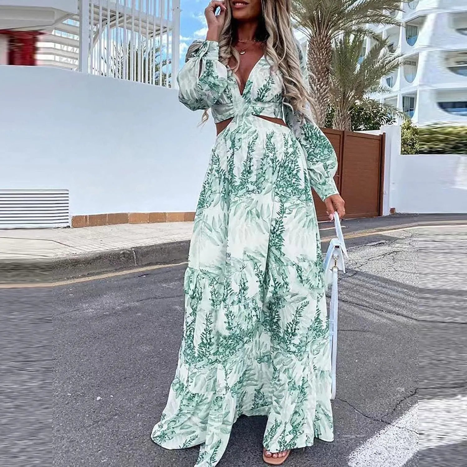 Boho Dresses for Women 2025 Summer Floral V-Neck Sleeves Puff Sleeve Maxi Dresses Flowy Beach Vacation Hawaiian Dress
