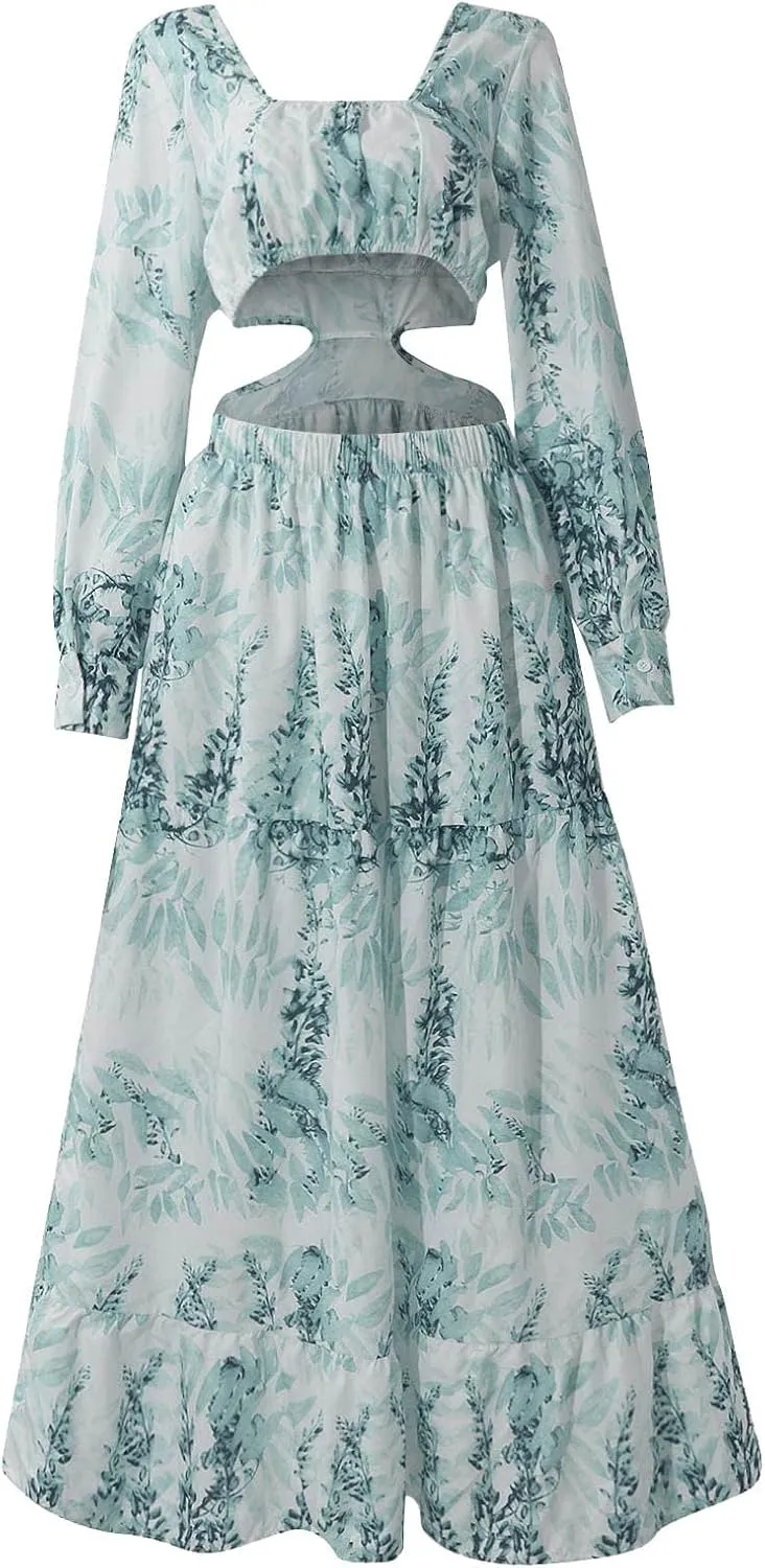 Boho Dresses for Women 2025 Summer Floral V-Neck Sleeves Puff Sleeve Maxi Dresses Flowy Beach Vacation Hawaiian Dress