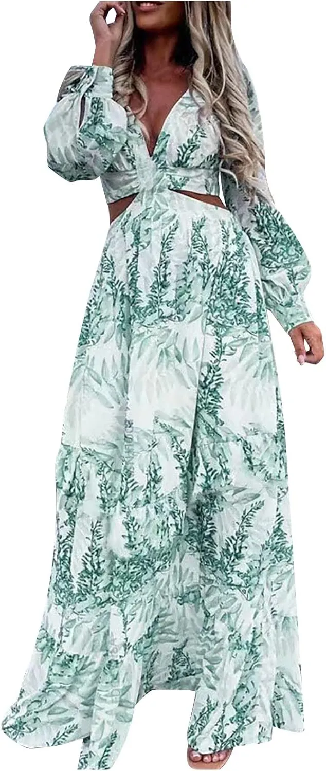 Boho Dresses for Women 2025 Summer Floral V-Neck Sleeves Puff Sleeve Maxi Dresses Flowy Beach Vacation Hawaiian Dress