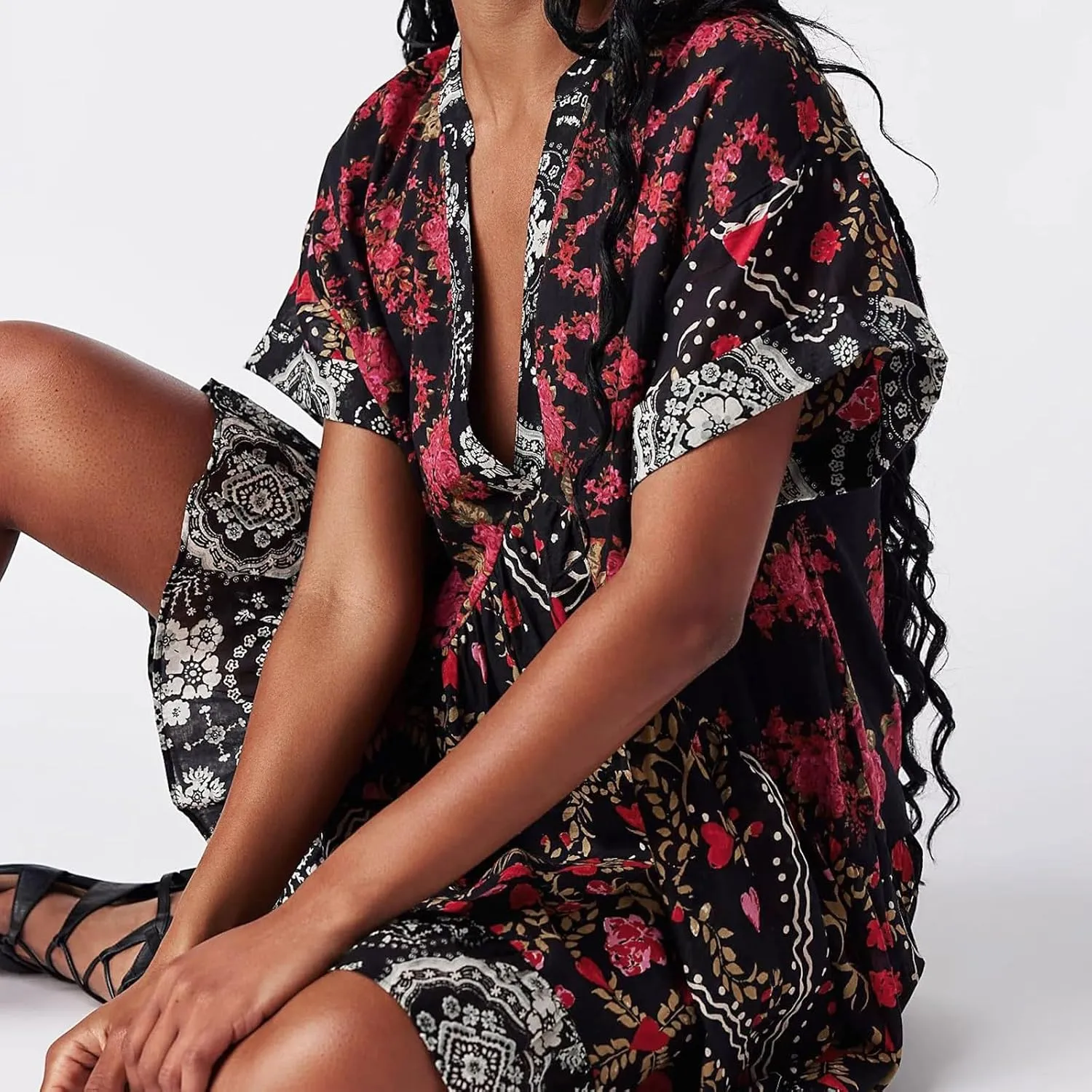 Boho Summer Dress Casual Patchwork Floral Deep V Neck Ruffle Oversized Babydoll Sundress Y2k Hot Shot Mini Dress