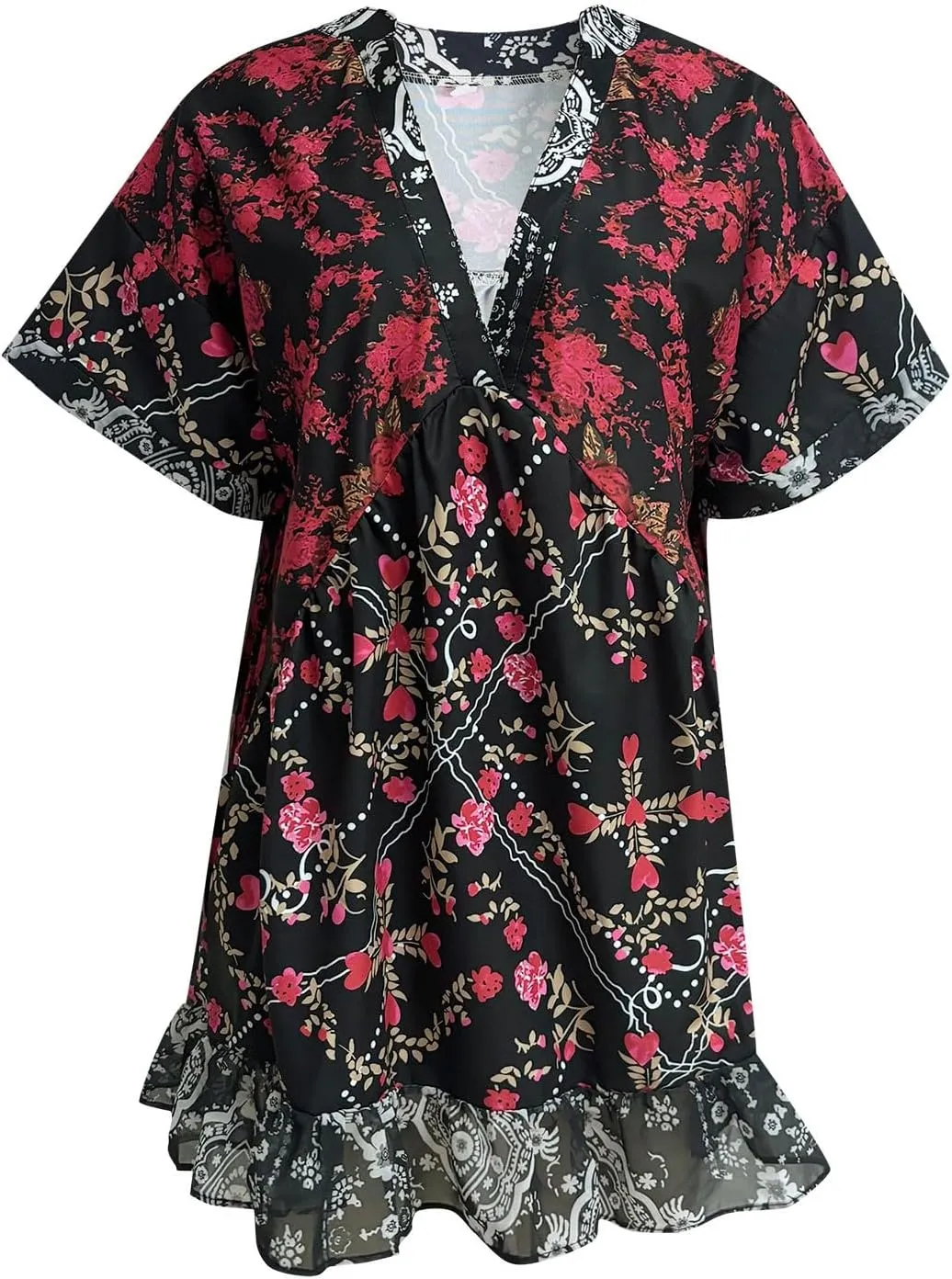 Boho Summer Dress Casual Patchwork Floral Deep V Neck Ruffle Oversized Babydoll Sundress Y2k Hot Shot Mini Dress