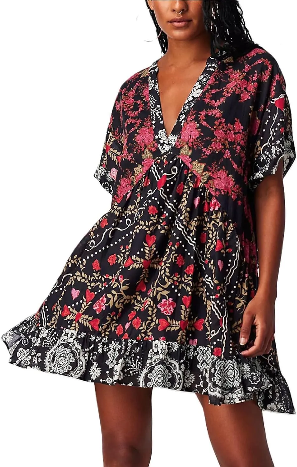 Boho Summer Dress Casual Patchwork Floral Deep V Neck Ruffle Oversized Babydoll Sundress Y2k Hot Shot Mini Dress