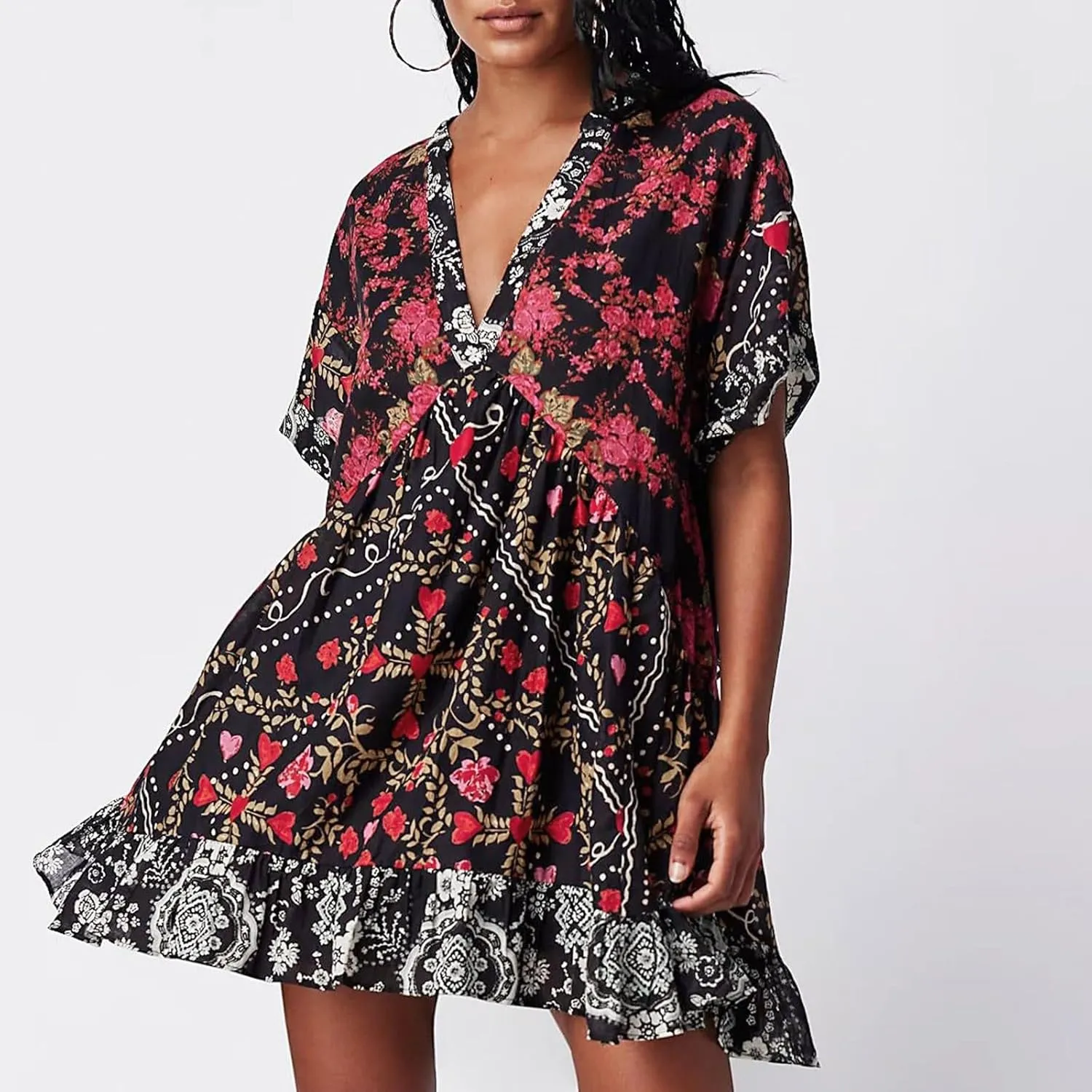 Boho Summer Dress Casual Patchwork Floral Deep V Neck Ruffle Oversized Babydoll Sundress Y2k Hot Shot Mini Dress