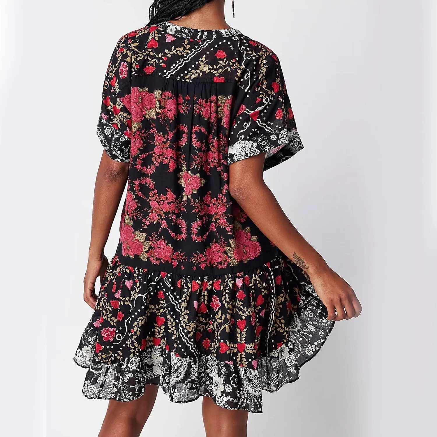 Boho Summer Dress Casual Patchwork Floral Deep V Neck Ruffle Oversized Babydoll Sundress Y2k Hot Shot Mini Dress