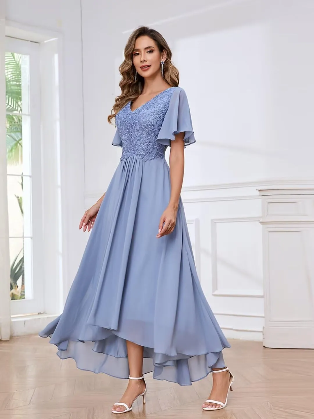 BOLENSYE Lace Appliques Mother of The Bride Dresses for Wedding with Sleeves Tea Length Formal Evening Party Gown