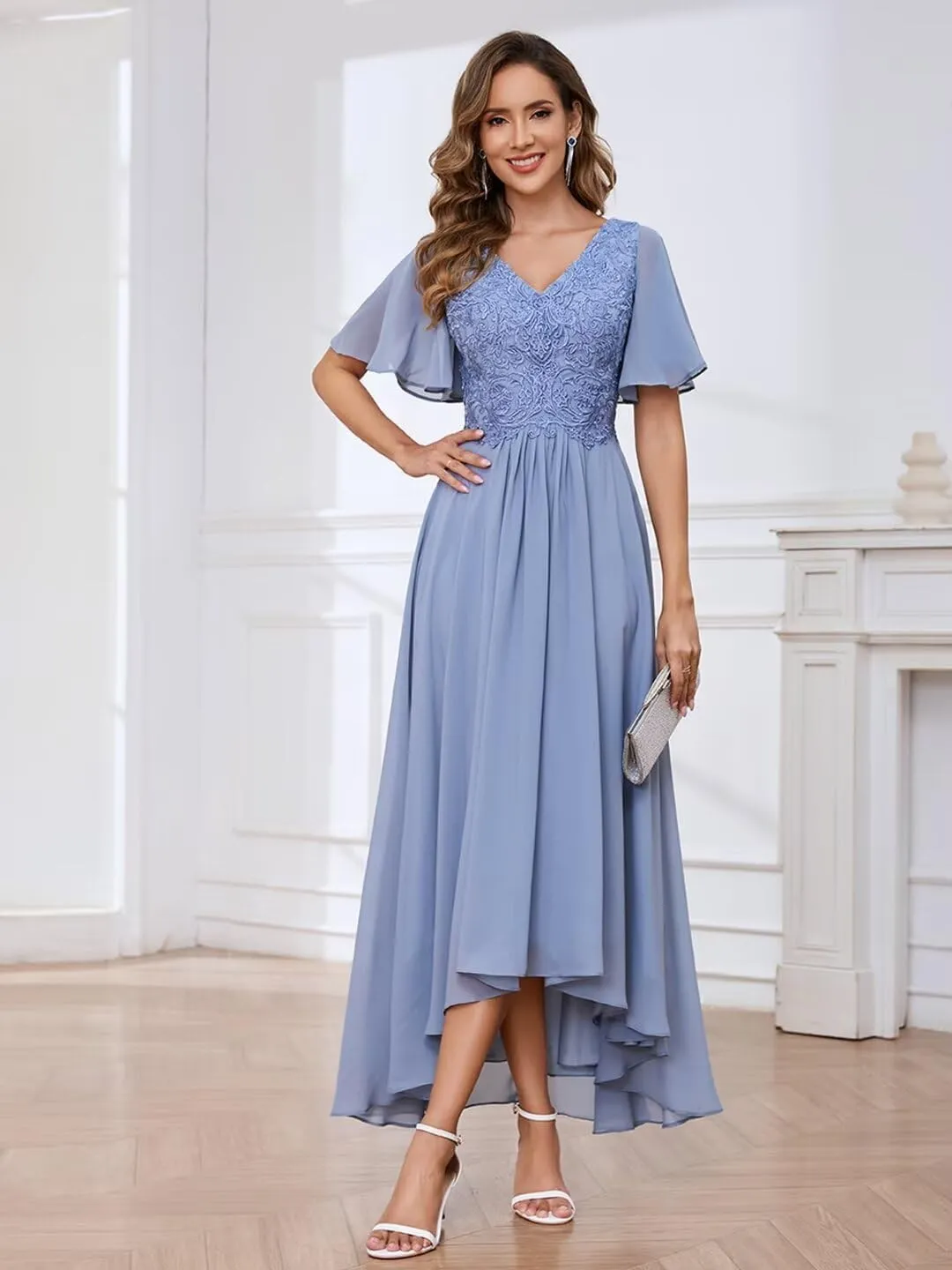 BOLENSYE Lace Appliques Mother of The Bride Dresses for Wedding with Sleeves Tea Length Formal Evening Party Gown