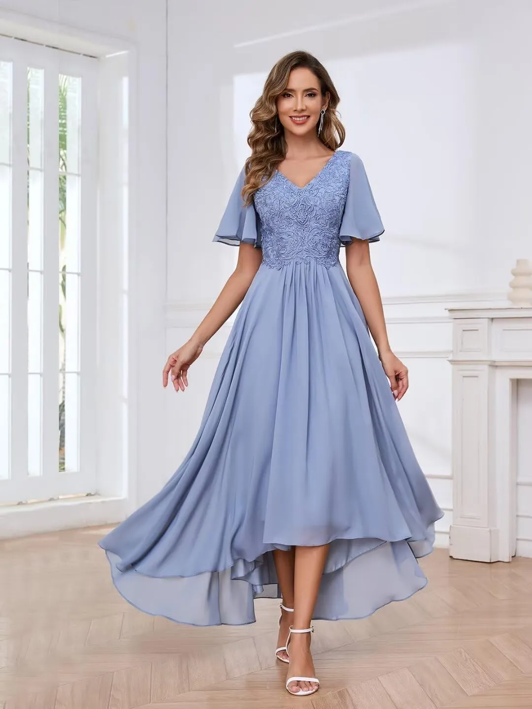 BOLENSYE Lace Appliques Mother of The Bride Dresses for Wedding with Sleeves Tea Length Formal Evening Party Gown