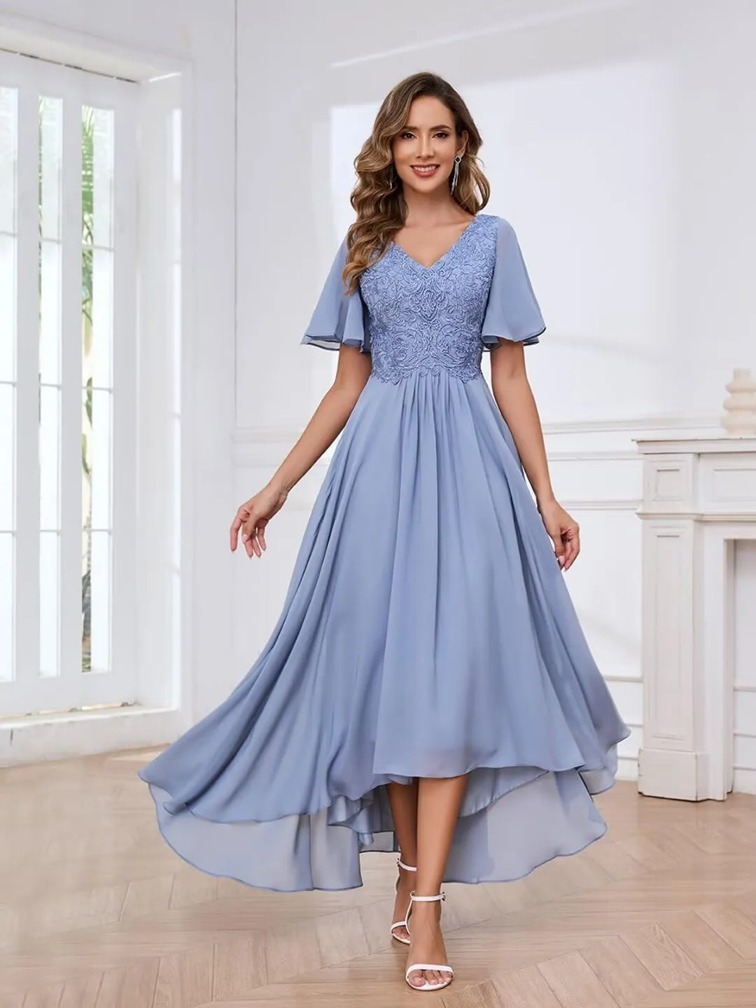 BOLENSYE Lace Appliques Mother of The Bride Dresses for Wedding with Sleeves Tea Length Formal Evening Party Gown