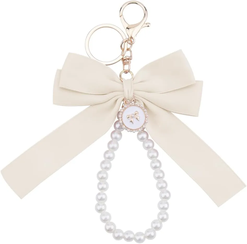 Bow Pearl Keychain for Women Lanyard Wristlet for Keys Bowknot Accessories for Car Keys Birthday Gifts for Women Girls