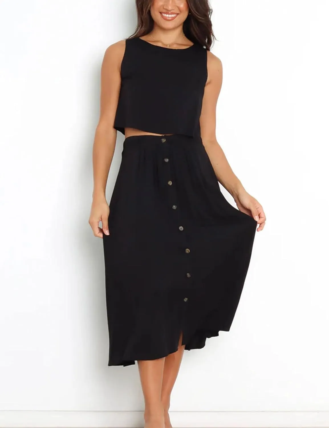 Bozanly Summer Skirt Sets for Women 2 Piece Outfits Sleeveless Crop Top Elastic Waist Button Maxi Dress Set 2025