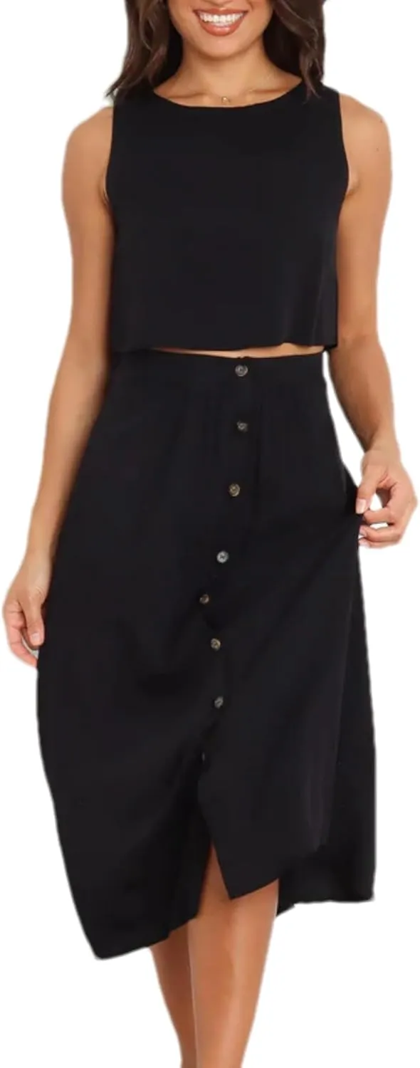Bozanly Summer Skirt Sets for Women 2 Piece Outfits Sleeveless Crop Top Elastic Waist Button Maxi Dress Set 2025