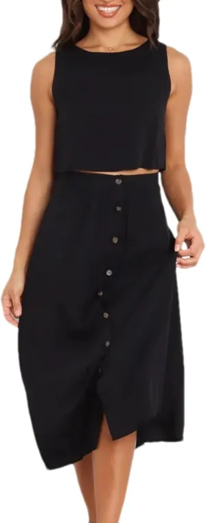 Bozanly Summer Skirt Sets for Women 2 Piece Outfits Sleeveless Crop Top Elastic Waist Button Maxi Dress Set 2025