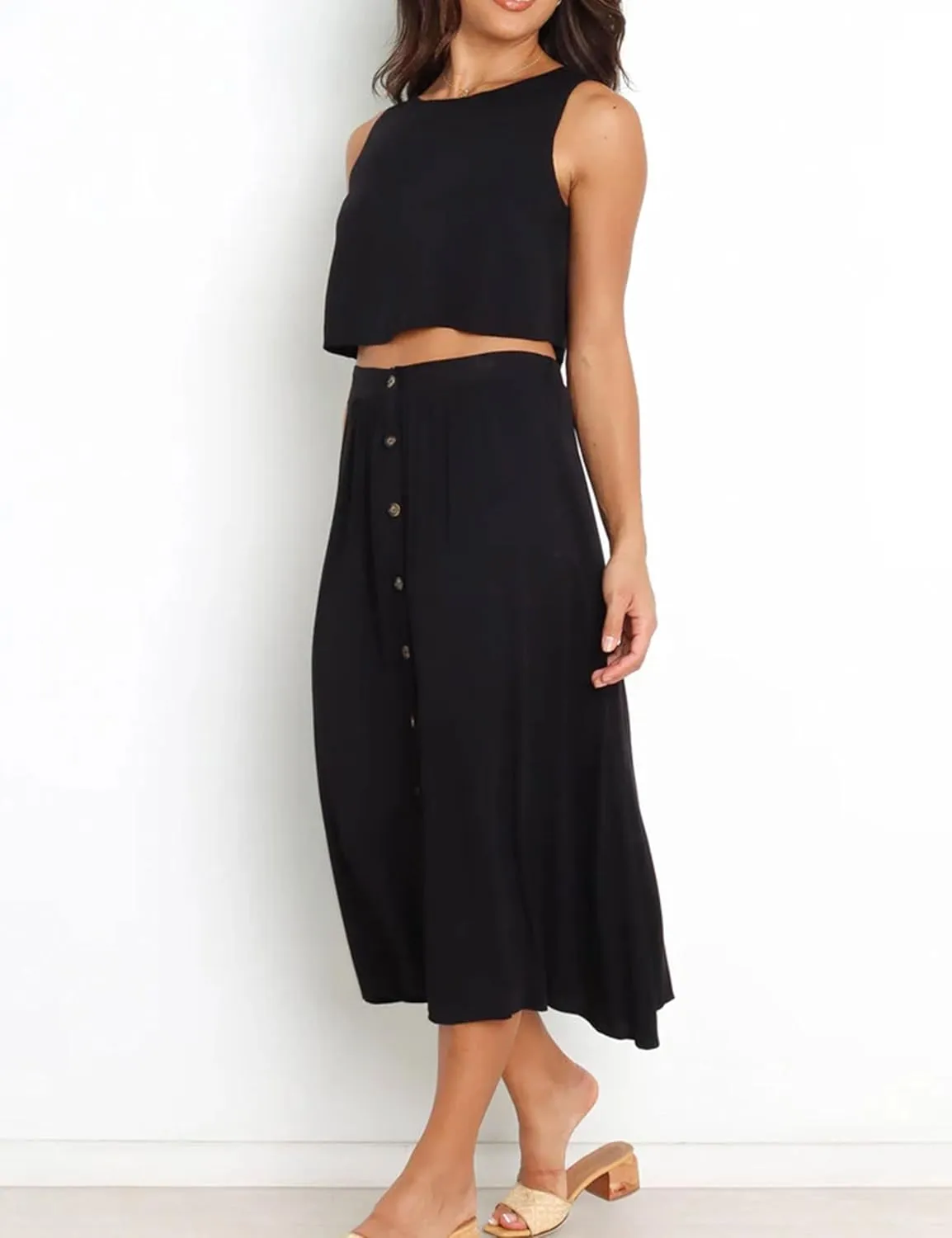 Bozanly Summer Skirt Sets for Women 2 Piece Outfits Sleeveless Crop Top Elastic Waist Button Maxi Dress Set 2025