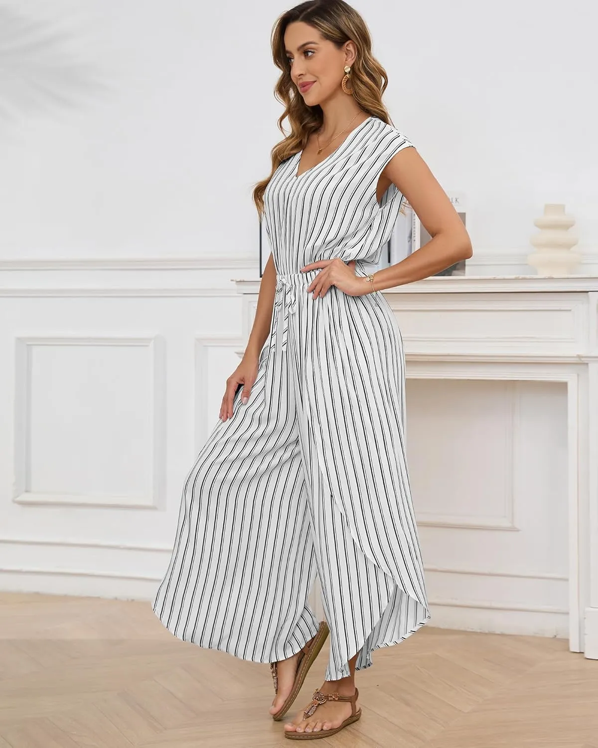 Bsubseach 2025 Summer Jumpsuits for Women V Neck Elastic Waist Overalls Wide Leg Romper Beach Vacation Outfits