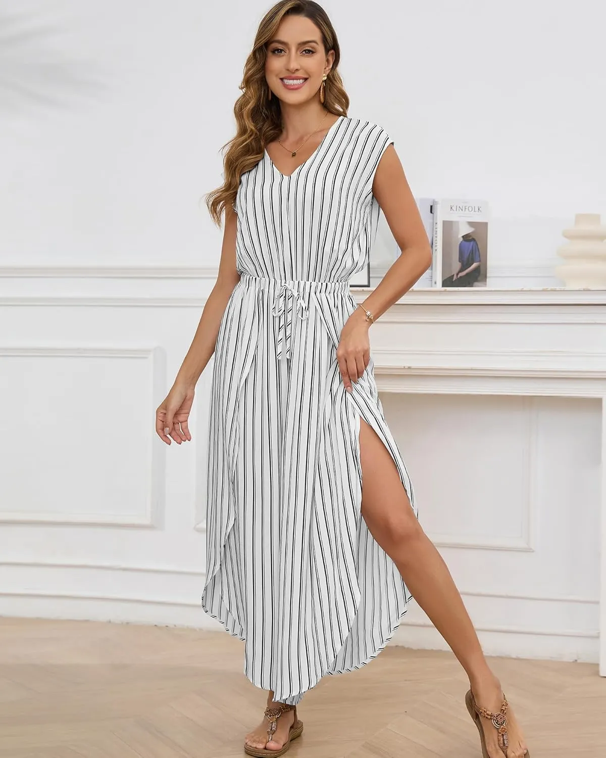 Bsubseach 2025 Summer Jumpsuits for Women V Neck Elastic Waist Overalls Wide Leg Romper Beach Vacation Outfits