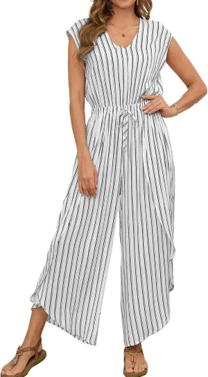 Bsubseach 2025 Summer Jumpsuits for Women V Neck Elastic Waist Overalls Wide Leg Romper Beach Vacation Outfits