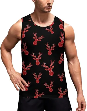 Buffalo Plaid Deer Head Men's Tank Tops Summer Sleeveless T-Shirts Gym Workout Tee Casual Beach Tee