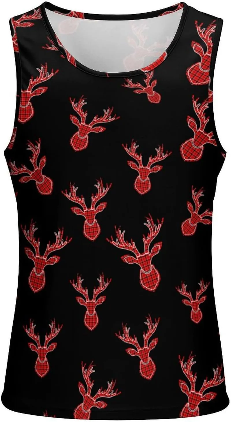 Buffalo Plaid Deer Head Men's Tank Tops Summer Sleeveless T-Shirts Gym Workout Tee Casual Beach Tee