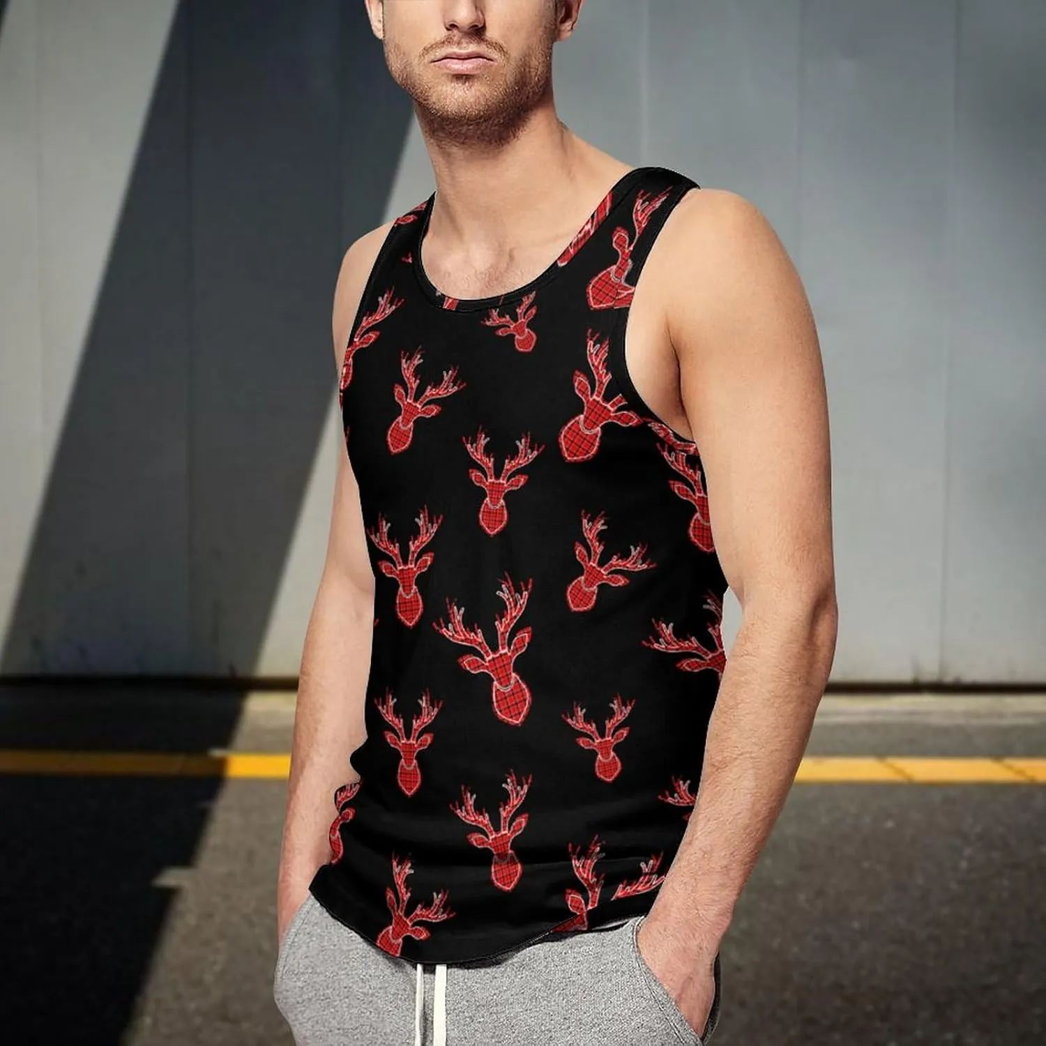 Buffalo Plaid Deer Head Men's Tank Tops Summer Sleeveless T-Shirts Gym Workout Tee Casual Beach Tee