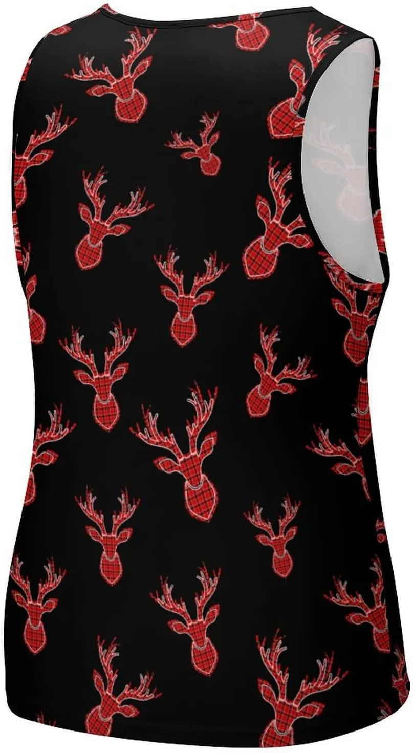 Buffalo Plaid Deer Head Men's Tank Tops Summer Sleeveless T-Shirts Gym Workout Tee Casual Beach Tee
