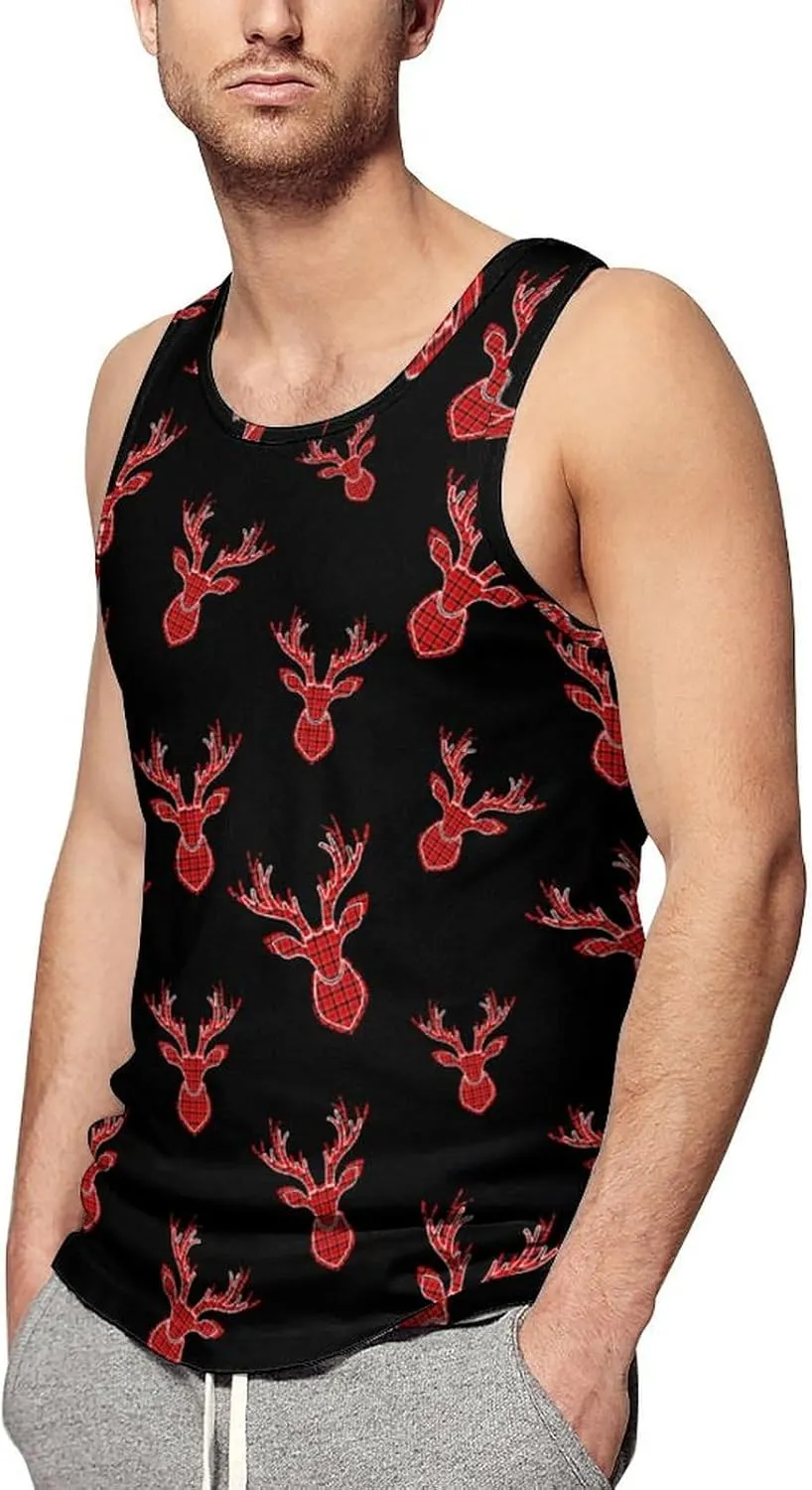 Buffalo Plaid Deer Head Men's Tank Tops Summer Sleeveless T-Shirts Gym Workout Tee Casual Beach Tee