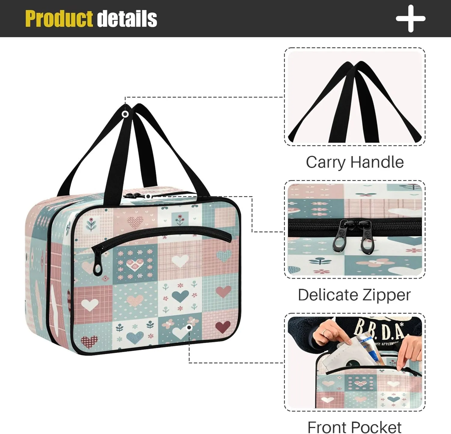 Burbuja Heart Patchwork Travel Toiletry Bag for Women, Hanging Waterproof Toiletry Bag Cosmetic Organizer for Toiletries Accessories, M
