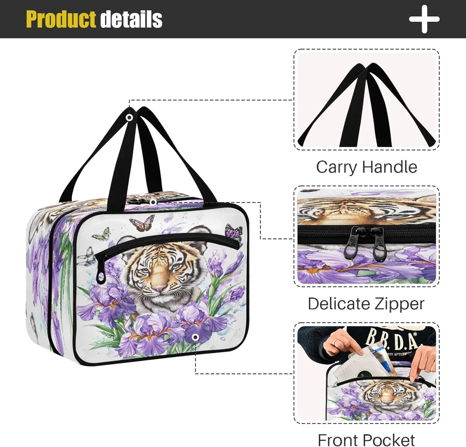 Burbuja Purple Irises Tiger Travel Toiletry Bag for Women, Hanging Waterproof Toiletry Bag Cosmetic Organizer for Toiletries Accessories, M