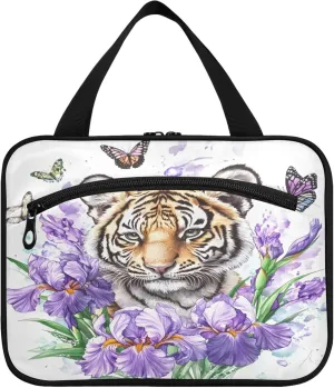 Burbuja Purple Irises Tiger Travel Toiletry Bag for Women, Hanging Waterproof Toiletry Bag Cosmetic Organizer for Toiletries Accessories, M