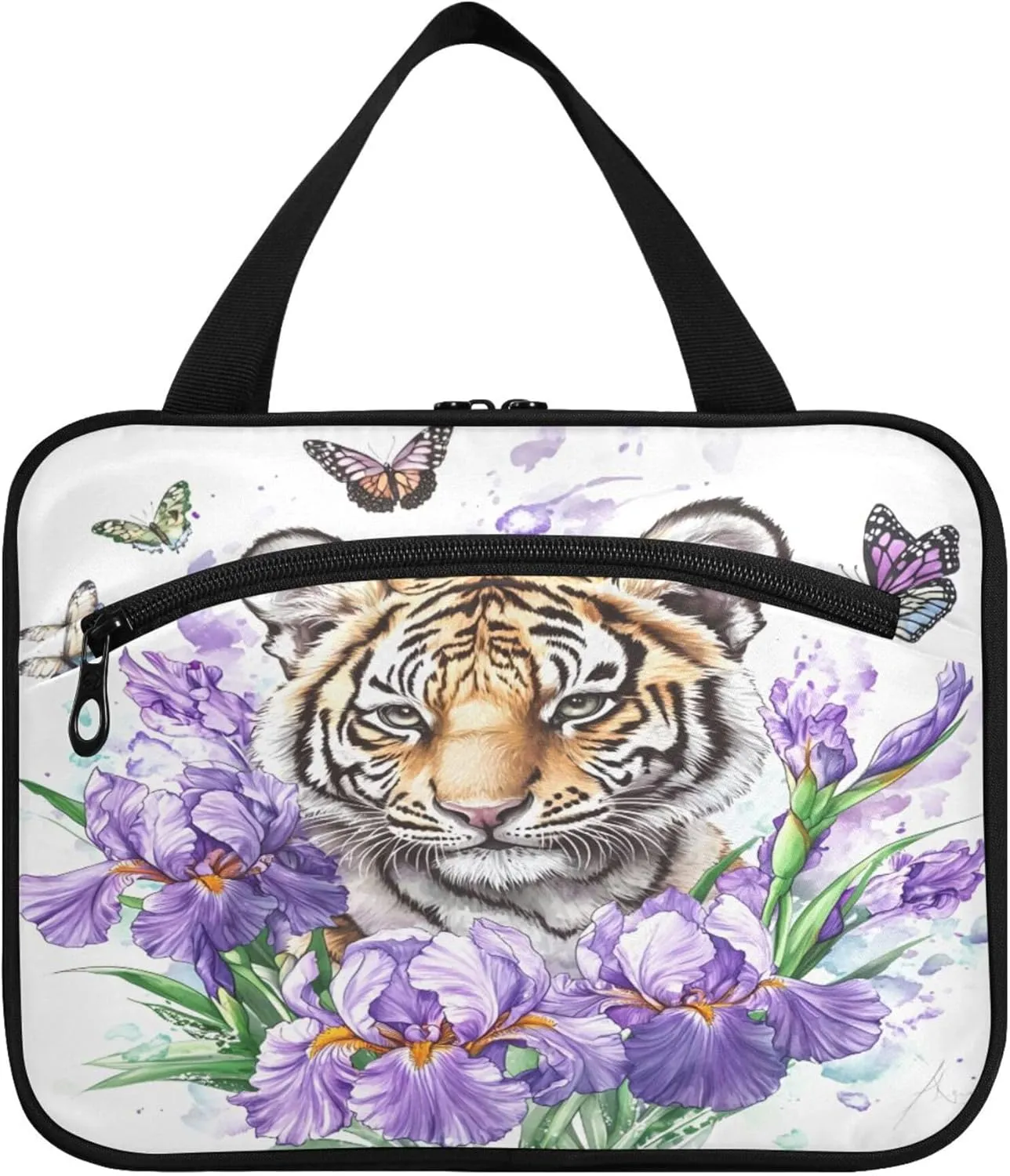 Burbuja Purple Irises Tiger Travel Toiletry Bag for Women, Hanging Waterproof Toiletry Bag Cosmetic Organizer for Toiletries Accessories, M