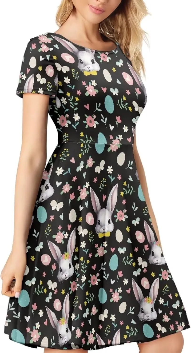 Buybai Summer Dresses for Women Crewneck Party Midi Dress Casual Short Sleeve Vacation Dresses