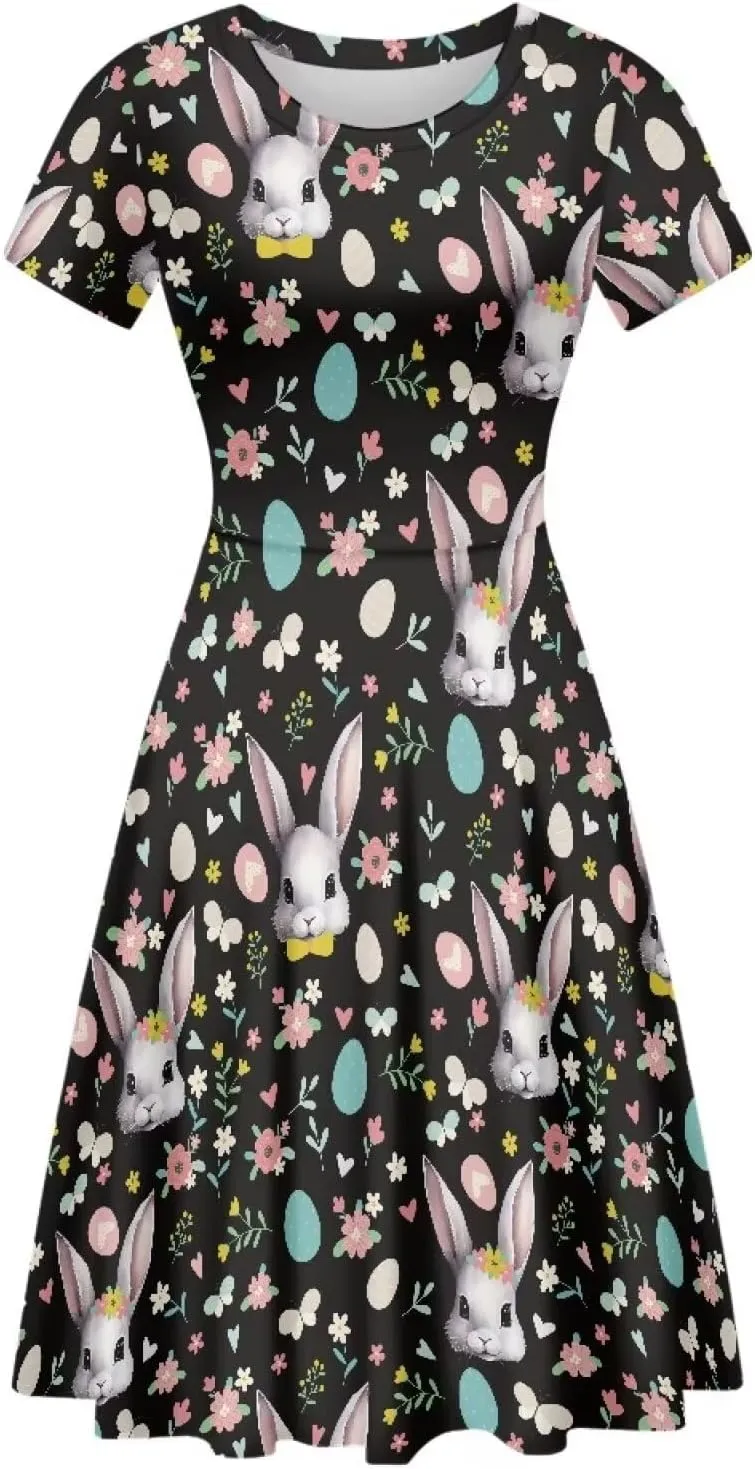 Buybai Summer Dresses for Women Crewneck Party Midi Dress Casual Short Sleeve Vacation Dresses