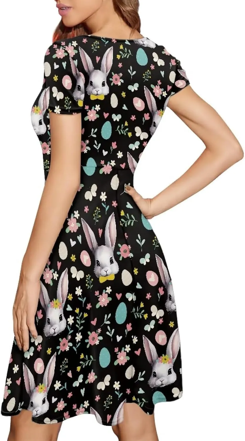 Buybai Summer Dresses for Women Crewneck Party Midi Dress Casual Short Sleeve Vacation Dresses
