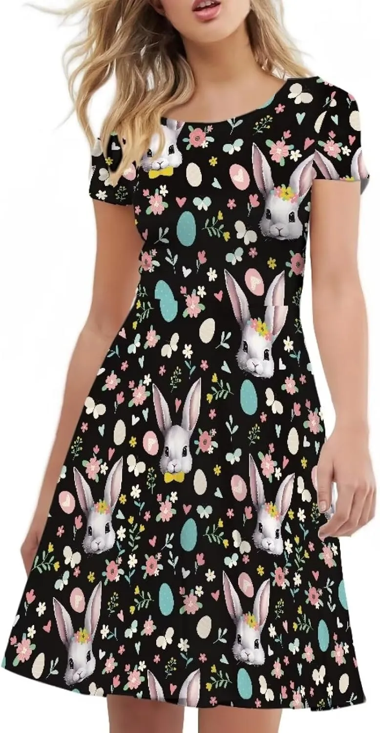 Buybai Summer Dresses for Women Crewneck Party Midi Dress Casual Short Sleeve Vacation Dresses