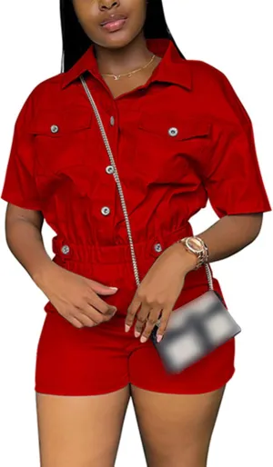 Cargo Jumpsuits for Women, Summer Short Sleeve Rompers Casual Stretchy Elastic Waist Button Down Jumpsuits