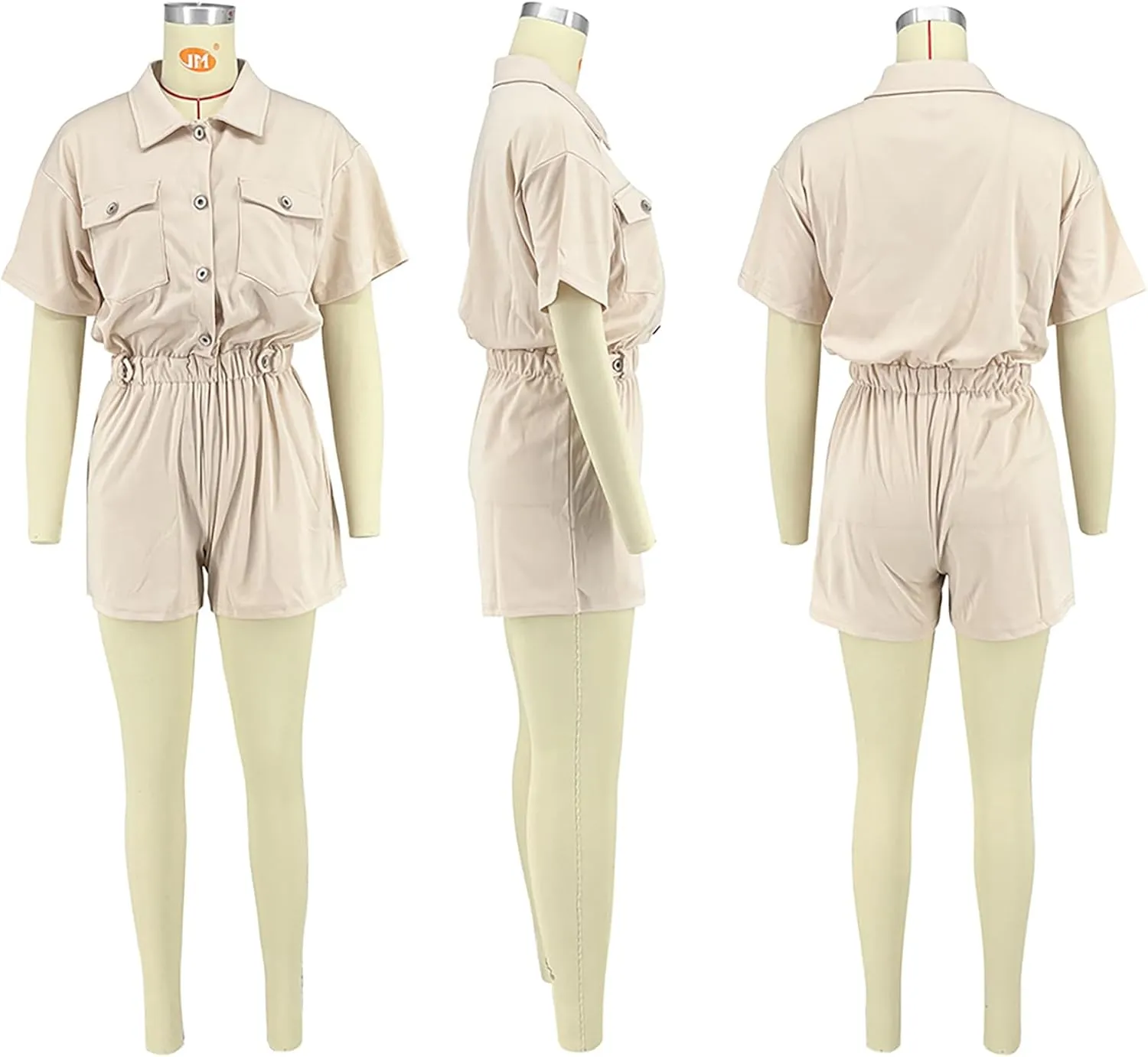 Cargo Jumpsuits for Women, Summer Short Sleeve Rompers Casual Stretchy Elastic Waist Button Down Jumpsuits