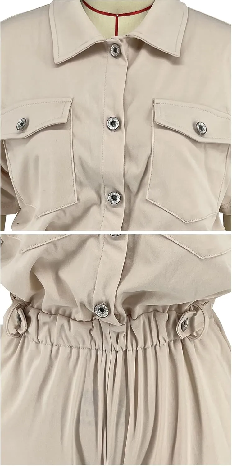 Cargo Jumpsuits for Women, Summer Short Sleeve Rompers Casual Stretchy Elastic Waist Button Down Jumpsuits