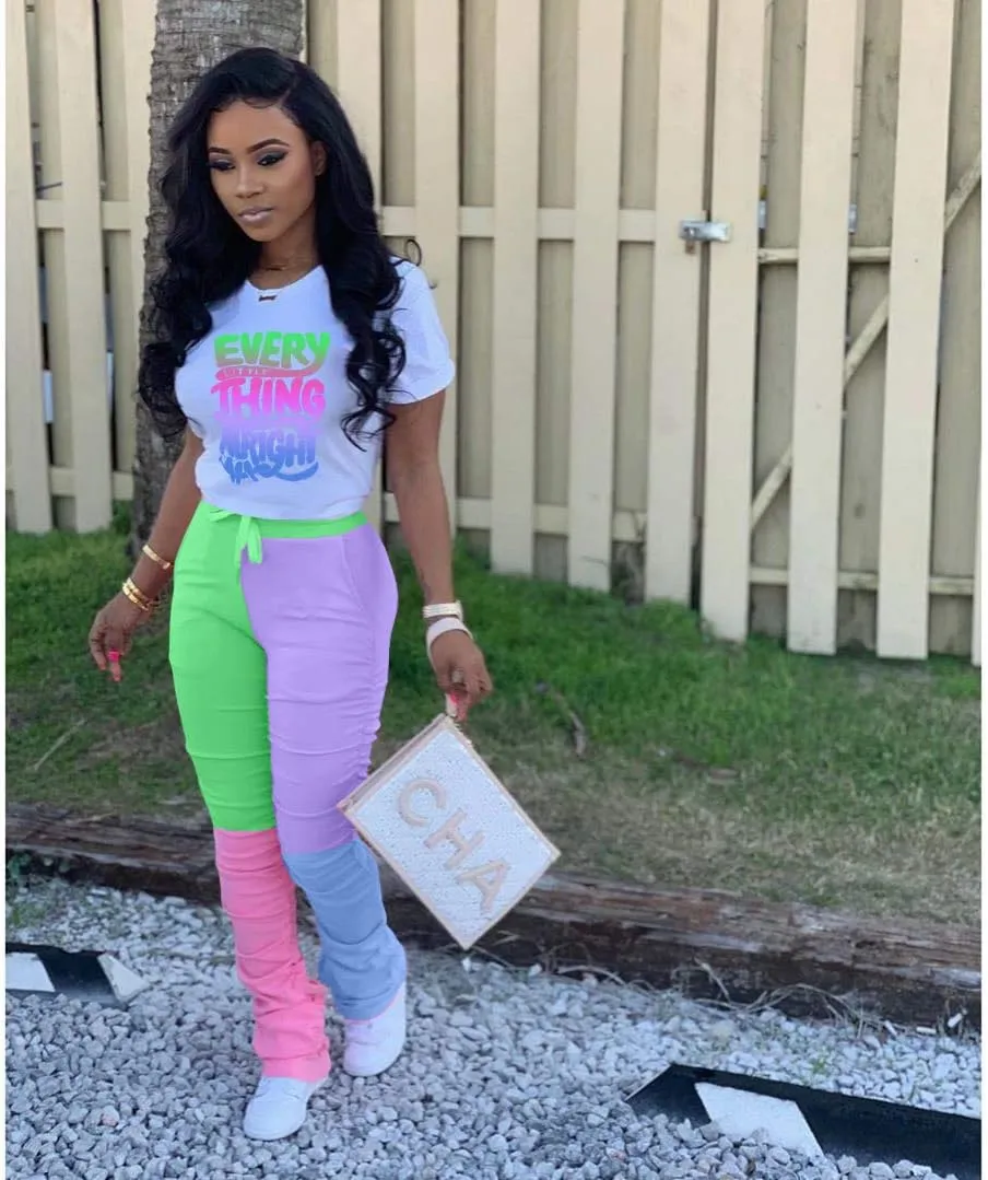 Casual 2 Piece Outfit Sets for Women Color Block Short Sleeve T-Shirts   Stacked Flare Pants Tracksuit Sweatsuit
