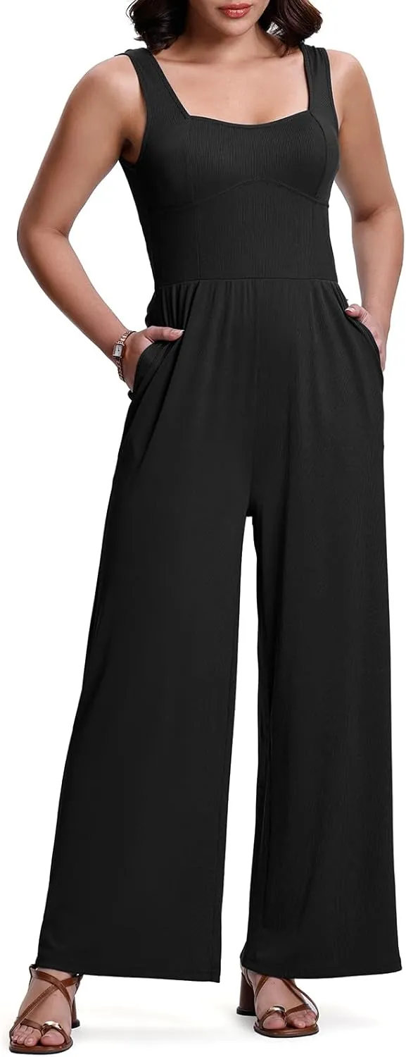 Cestyle Women's Dressy Jumpsuits With Pockets Casual Sleevesless Wide Leg Romper One Piece Travel Outfits