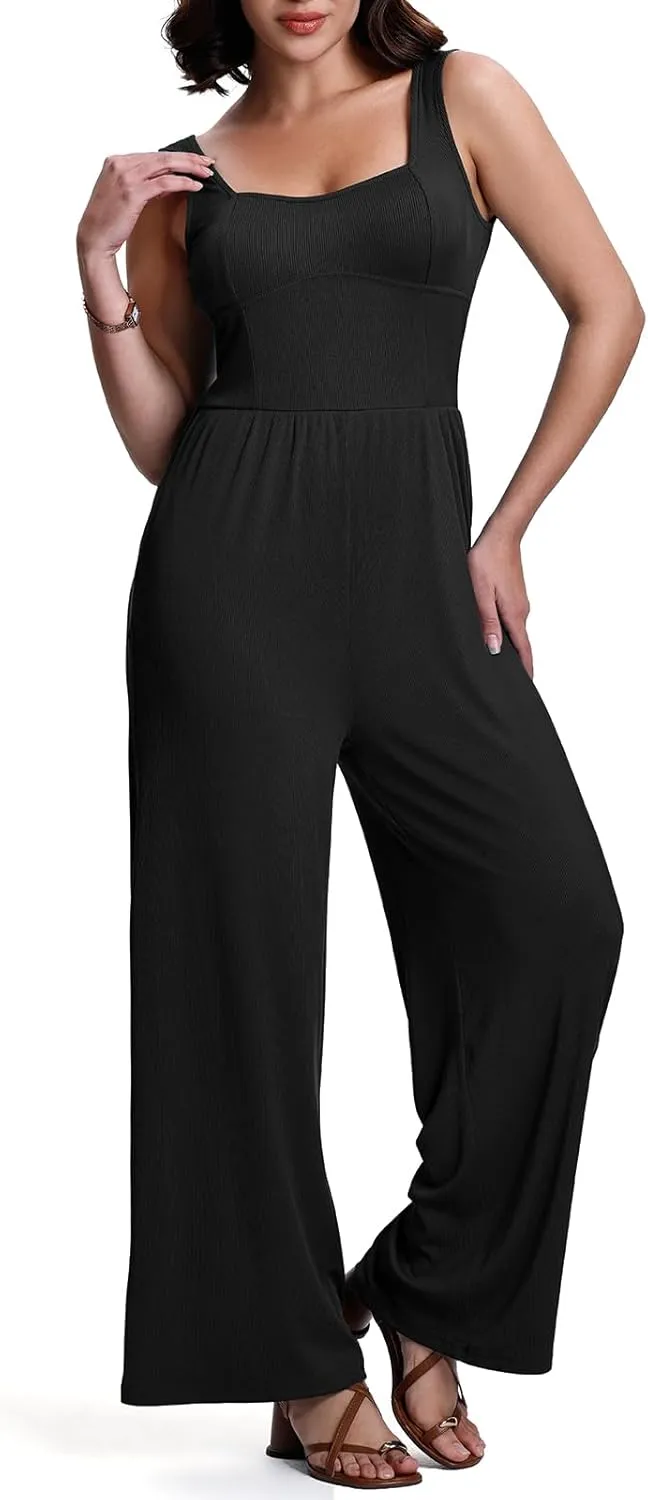 Cestyle Women's Dressy Jumpsuits With Pockets Casual Sleevesless Wide Leg Romper One Piece Travel Outfits