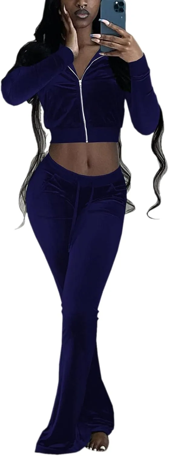Chatinction Women's 2 Piece Outfit Velour Zip Up Crop Jacket and Bell Bottoms Long Pants with Pockets Tracksuit Set