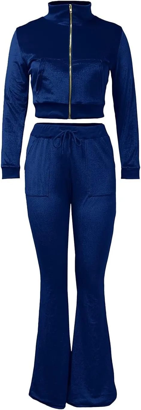 Chatinction Women's 2 Piece Outfit Velour Zip Up Crop Jacket and Bell Bottoms Long Pants with Pockets Tracksuit Set