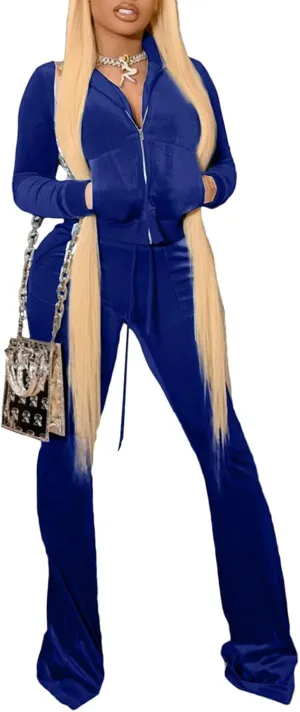 Chatinction Women's 2 Piece Outfit Velour Zip Up Crop Jacket and Bell Bottoms Long Pants with Pockets Tracksuit Set